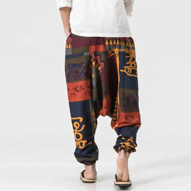 

Linen 2020 New Fashion Mens Hip Hop Harem Pants Chinese Style Lighweight Elastic Waist Male Printed Crotch Pants Plus Size XXXL
