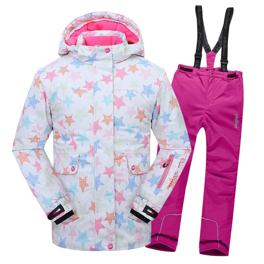 Лыжный комплект для девочек, уличная водонепроницаемая ветрозащитная зимняя Лыжная куртка со звездами+ комбинезон, Детские теплые лыжные костюмы