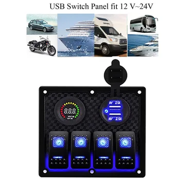 

4 Gang LED Rocker Switch Panel Waterproof Circuit Breaker with Digital Voltmeter Dual USB Charger Car Marine Boat Accessories
