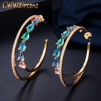 

CWWZircons Double Circle Rainbow Color Cubic Zirconia Crystal Big Round Gold Hoop Earrings for Women Statement Jewelry CZ562