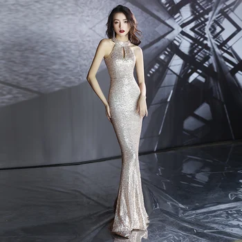 

Evening Dress Champagne Shining Sequined Formal Evening Dress Halter Sleeveless Mermaid Long Gowns For Girls Robe de soiree K100