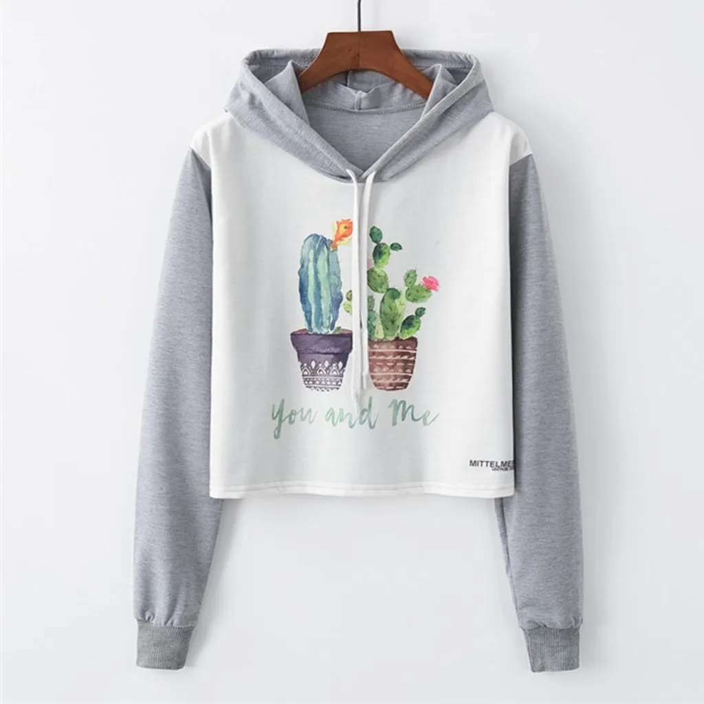 JAYCOSIN Fashion Women Casual Simple Sweatshirt Cactus Print Hooded Long Sleeve Comfortable Popular Cartoon Soft Short Blouse