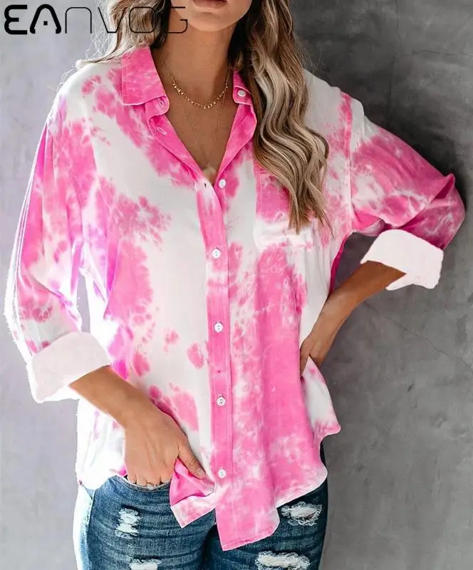 

Fashion Women Blouses Tie-dye Gradient Printed Long Sleeve Button Turn-down Collar Top Blouse Office Ladies Blusas Spring Autumn