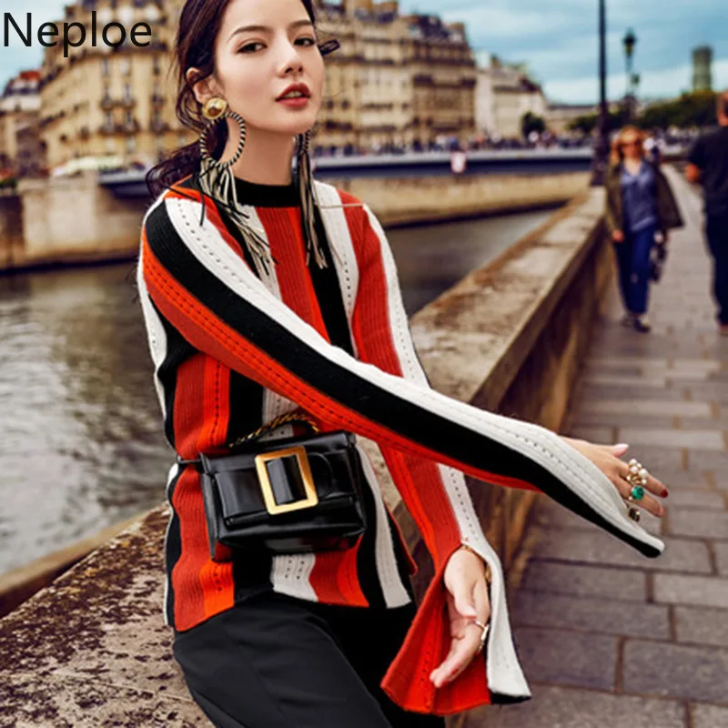 

Neploe Occident Loose 2019 New Sweater Women Pullover Knit Pull Femme Korean Striped Color Match Jersey Mujer Autumn 46680