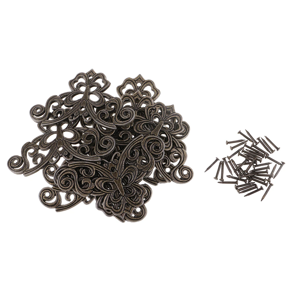 10 Pieces Decorative Jewelry Chest Wine Gift Box Wooden Case Corner Protector Bronze Tone Filigree Triangle Wraps Connectors