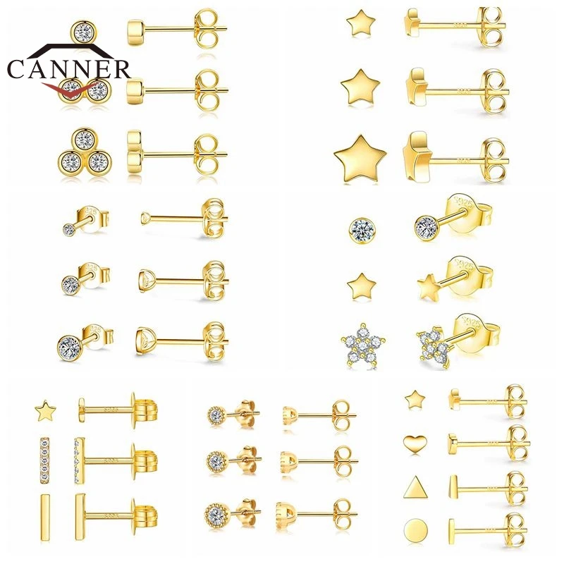 CANNER 3 unids/set de Plata de Ley 925 5A Zircon Stud Pendientes para las mujeres Piercing pendiente Pendientes joyería oído hebilla Pendientes de botón Pendientes