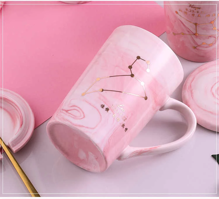 Натуральный Мрамор 12 созвездие керамическая розовая Зодиак кружка с крышкой кофейные кружки творческая личность чашка 380 мл чашки и кружки Xicara