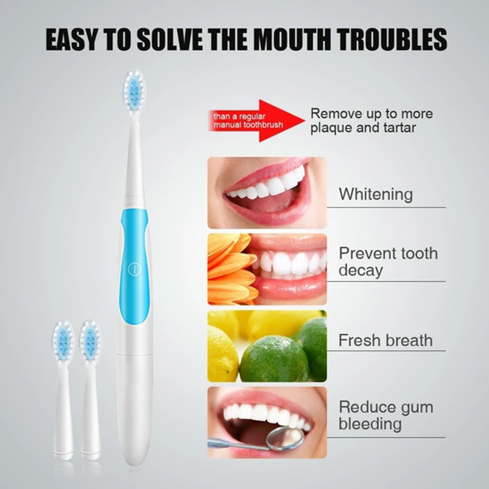 Adult Electric Toothbrush Waterproof Battery Powered Whitening Sonic Vibration Toothbrush and Toothbrush Head 2pc