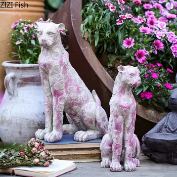 Statua zwierząt ozdoby różowy malowane malowane Leopard statuetka biurko dekoracyjne rękodzieła figurki z żywicy trawnik ogród dekoracji tanie i dobre opinie CN (pochodzenie) Duszpasterska