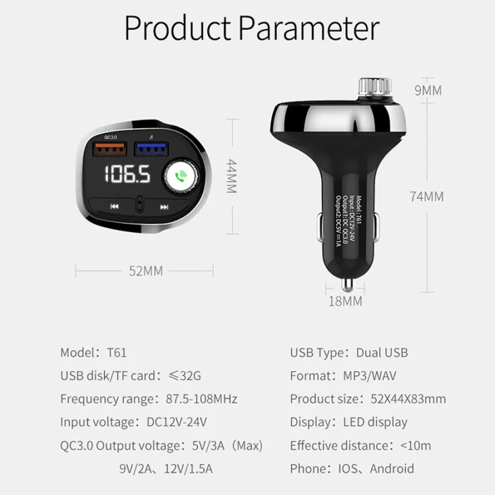 Автомобильный Bluetooth fm-передатчик с QC 3,0 usb зарядным портом радио mp3-плеер OD889
