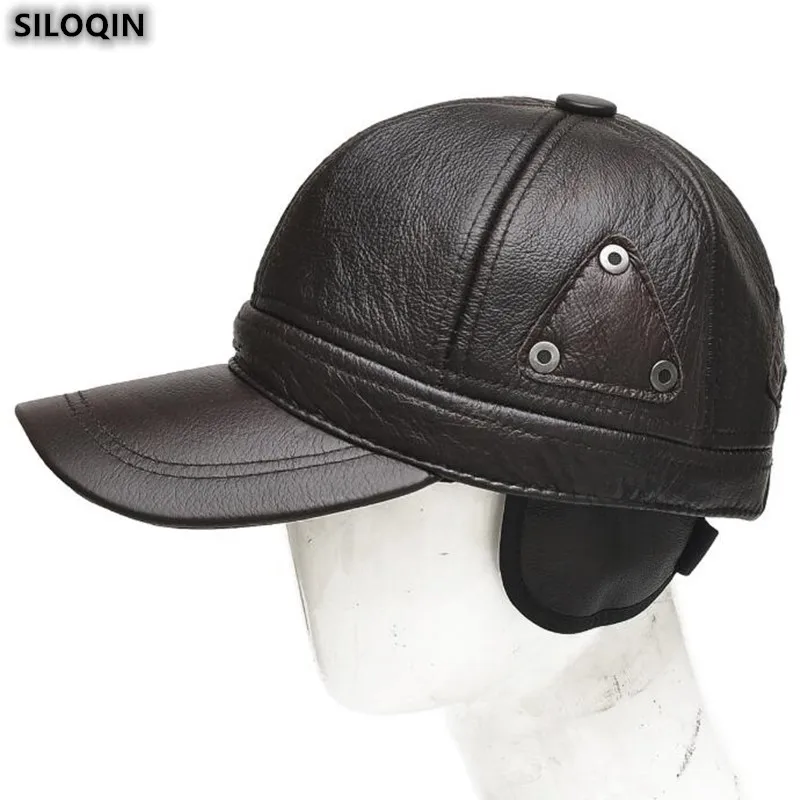 SILOQIN качество, Натуральная Воловья кожа, шапка для мужчин, модная теплая утолщенная бейсболка, регулируемый размер, наушники, зимние шапки