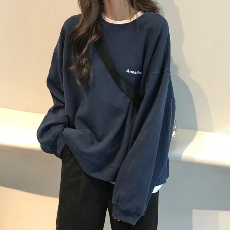 2023 New Streetwear Letter Hoody Casual Fashion Korean Thin Chic Women's Sweatshirts Cool Navy Blue Gray Hoodies for Women M-XXL