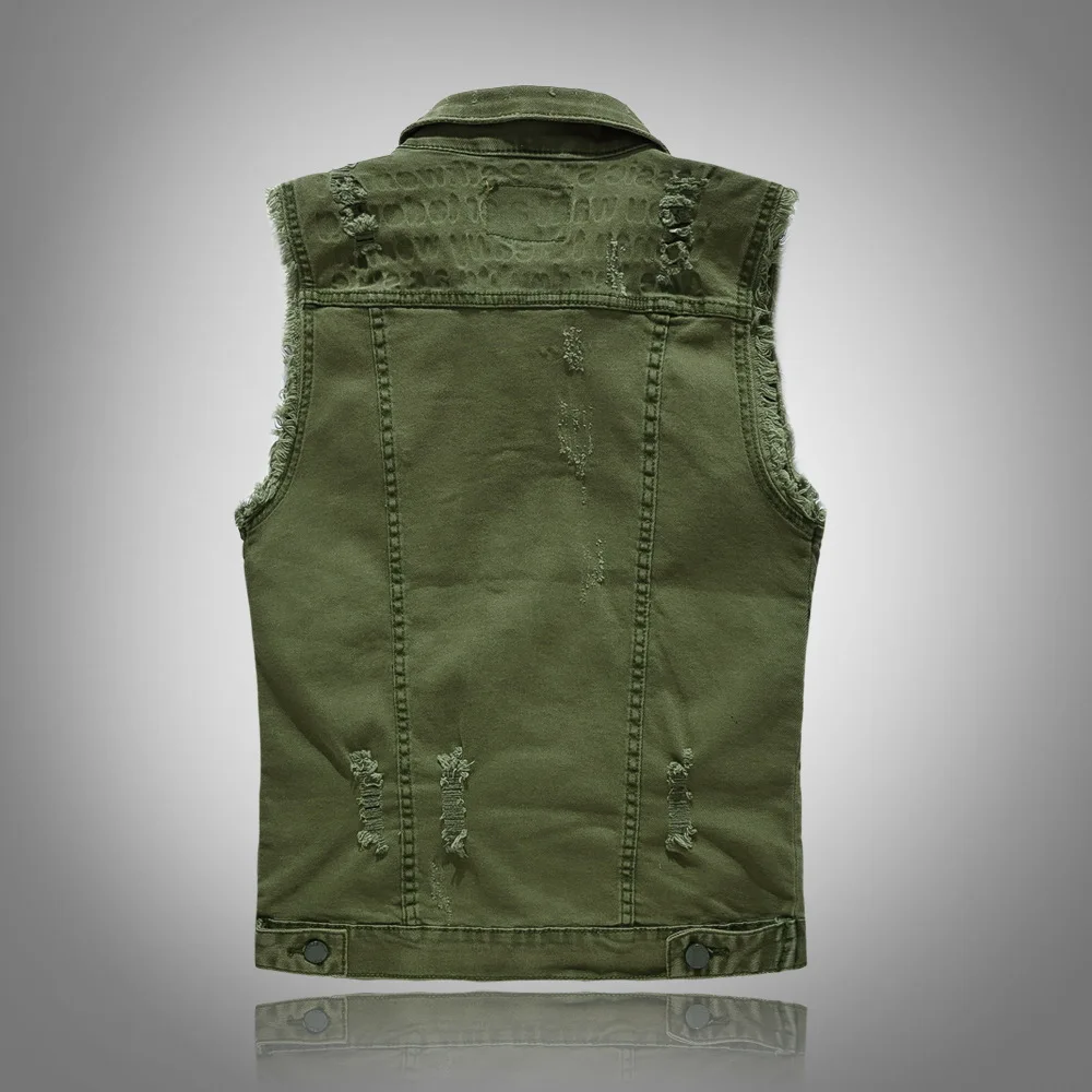 Men Army Green Denim Vest Casual Mens Slim Single Breasted Vest Youth Handsome Denim Jacket