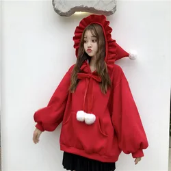 Outono feminino camisola solta sólida kawaii senhoras hoodies tamanho grande arco nó inverno harajuku menina topos natal roupas femininas