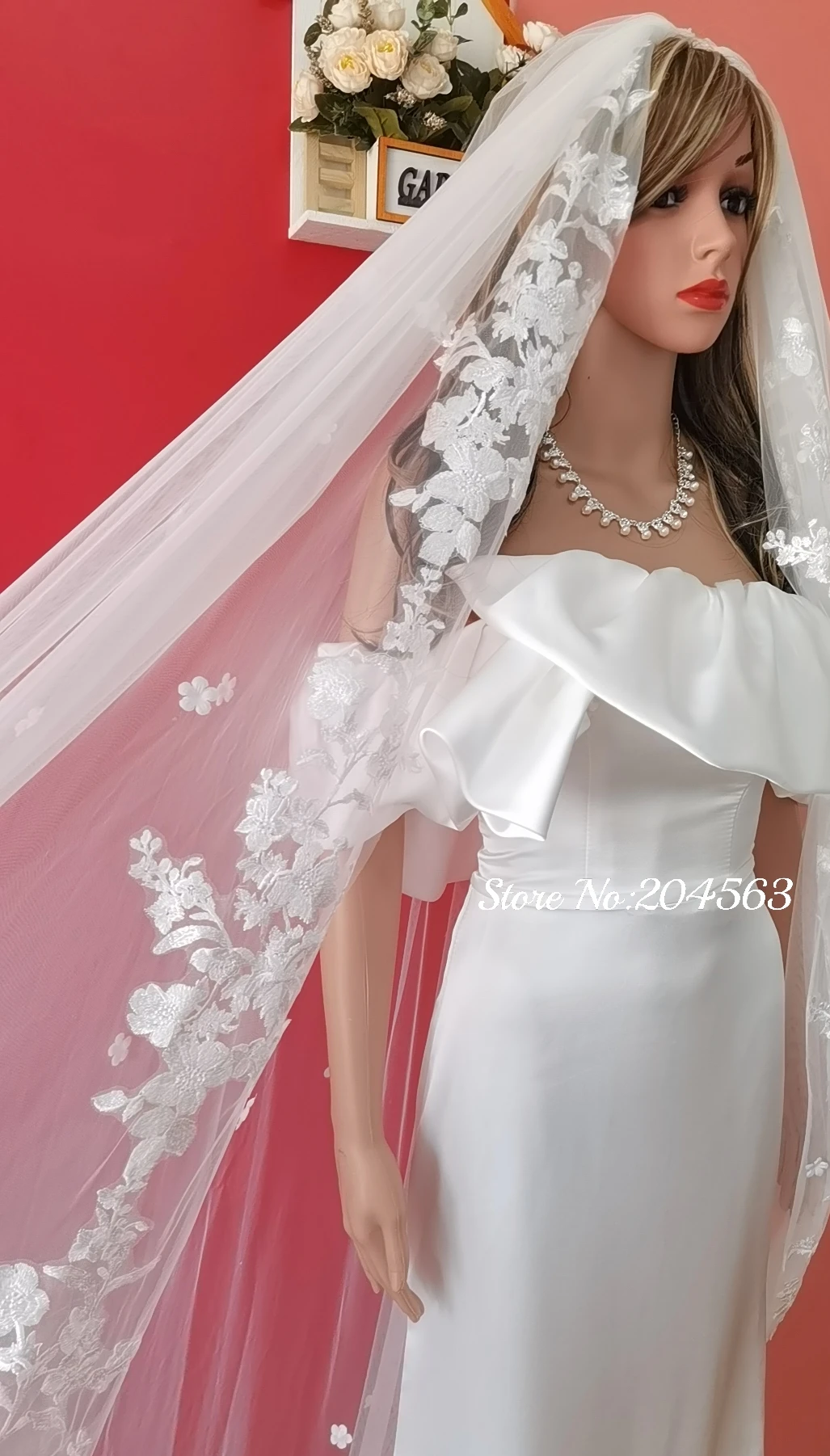 One Blushing Bride Cathedral Veil with Floral French Lace Trim, White/ Ivory White / Cathedral 108 Inches / Lace All The Way Up