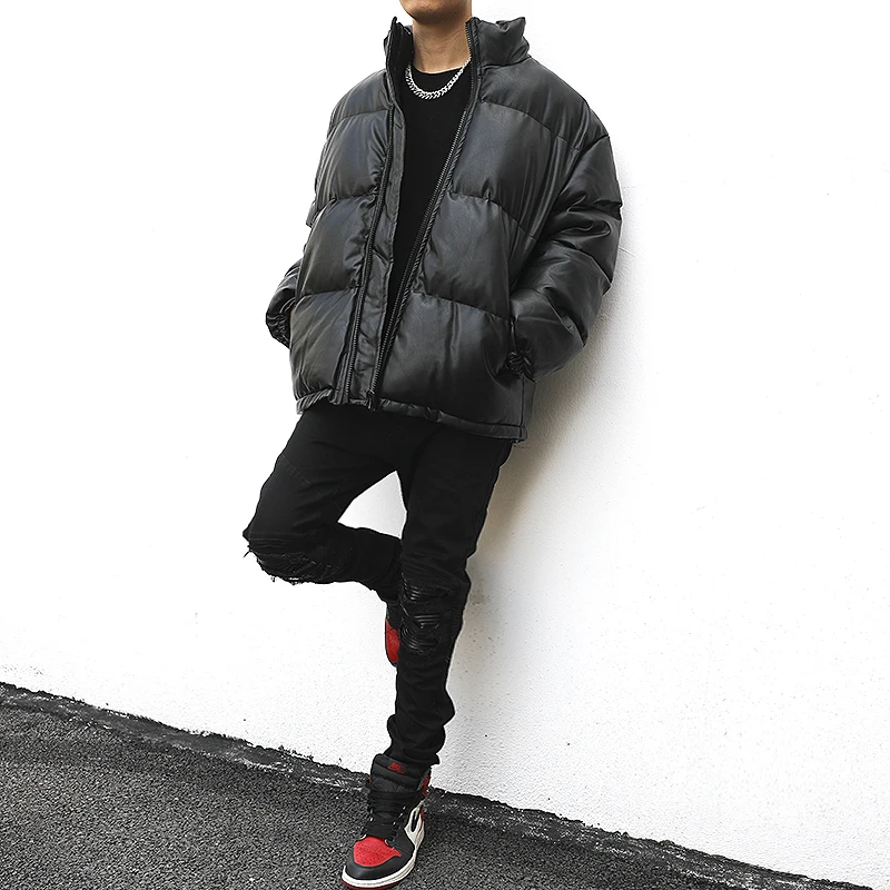Men Pu Leather Jackets Coat Casual Zipper Stand-collar Solid Color Hip Hop Streetwear Warm Cotton Padded Bomber Jacket Outerwear