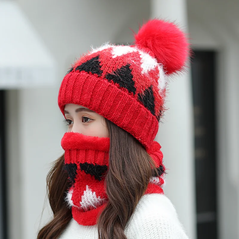 Новая зимняя шапка с помпоном и шарф комплект для женщин девочек плюс теплые бархатные зимние шапки женские повседневные толстые вязаные шапки комплект из 2 предметов