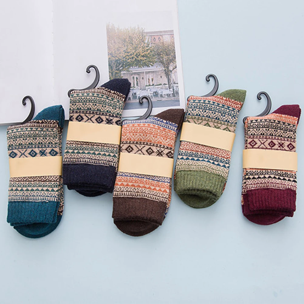 5 пар, теплые зимние носки средней длины в стиле ретро, рождественские, полосатые, дышащие, из искусственной шерсти, с цветочным рисунком, теплые, для взрослых, Осенние, мягкие
