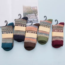 5 пар, теплые зимние носки средней длины в стиле ретро, рождественские, полосатые, дышащие, из искусственной шерсти, с цветочным рисунком, теплые, для взрослых, Осенние, мягкие