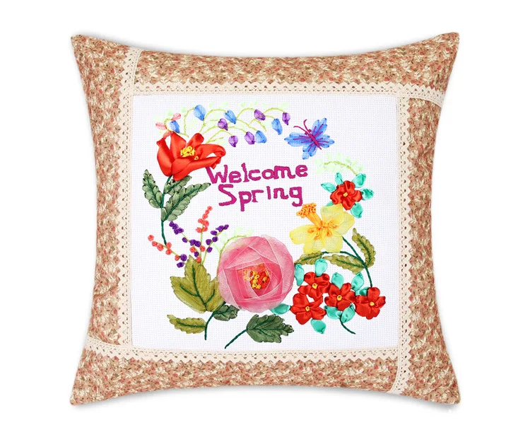 

JURHOO Embroidery Manufacturers Wholesale Handmade Embroidery Cross Stitch Ribbon Embroidery Cushion Pillow Cover Embrace Spring