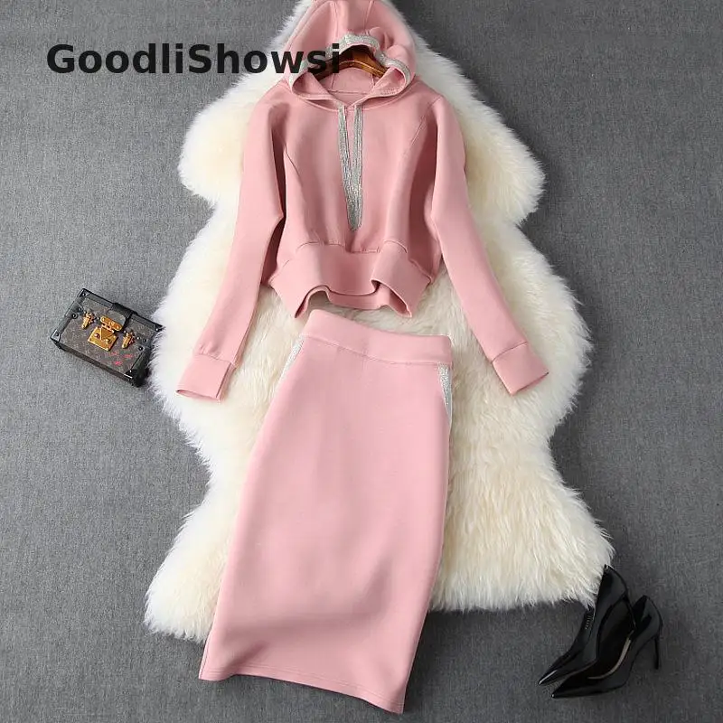 GoodliShowsi, Зимняя мода, Космический хлопок, 2 шт, наборы, женские наборы, вышивка бисером, кисточка, толстовки, топ+ Розовая Сексуальная юбка-карандаш, костюмы