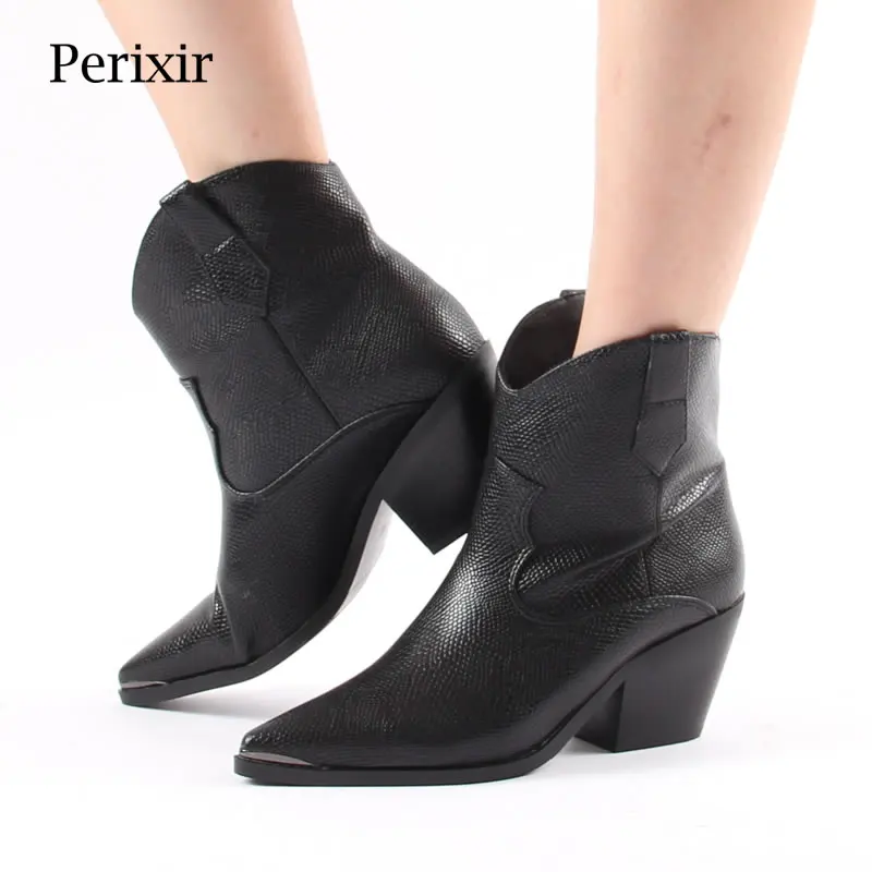 Женские ковбойские ботинки на танкетке Perixir коричневые черные из искусственной