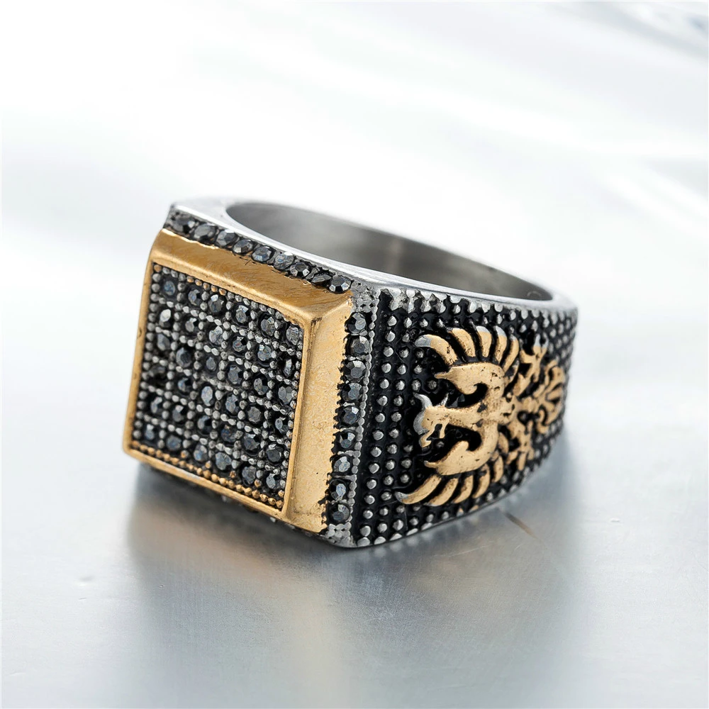 

Exquisite Men's Vintage Religion Phoenix Square Signet Rings European Fashion Zoroastrian Zircon Male Ring Jewelry Drop Shipping