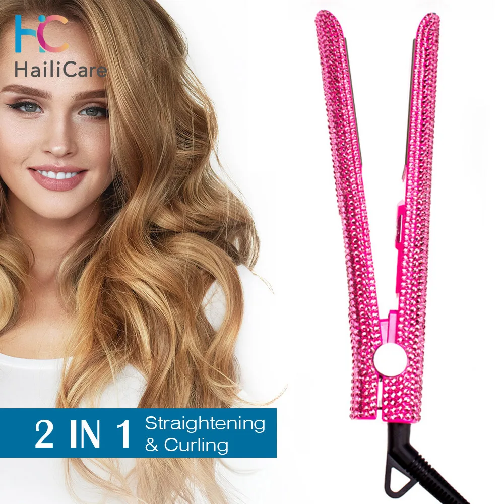 

Professional Electric Straightening Iron&Curling Iron Hair Curler 2-in-1 Hair Straightener Flat Irons Ceramic Full Crystal
