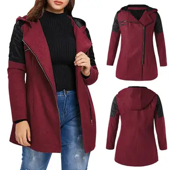 

2019 Winter Autumn Women Wool Coat Warm Slim Jacket Thick Patchwork Overcoat Winter Outwear Hooded Zipper Coat manteau femme