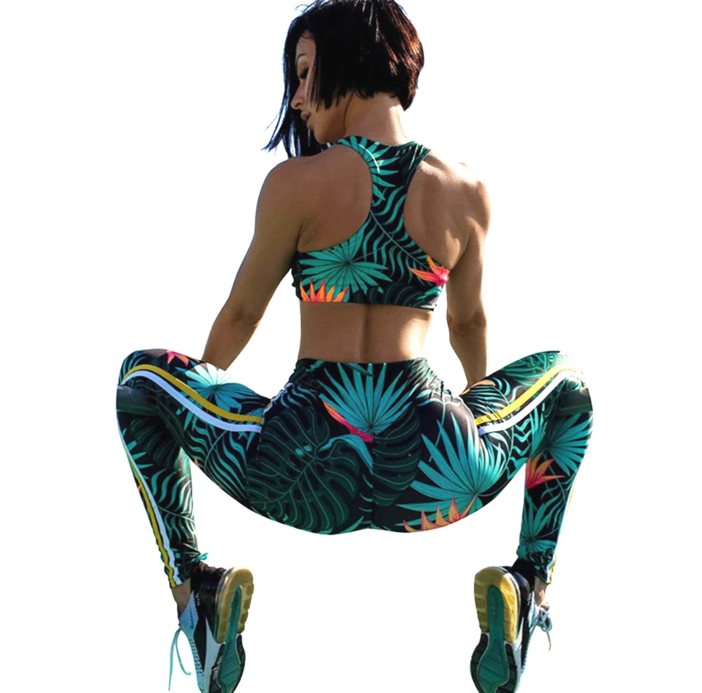 Women 2 Pcs Yoga Set Gym Fitness Clothes Floral Print Bra+ Long Pants Running Tights Jogging Workout Yoga Leggings Sport Suit