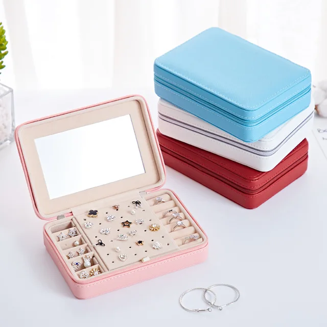 Caja organizadora de joyas de estilo coreano, almacenamiento de exhibición, de cuero, gran espejo grande, multifunción, collar, pendientes, anillo, caja para joyería