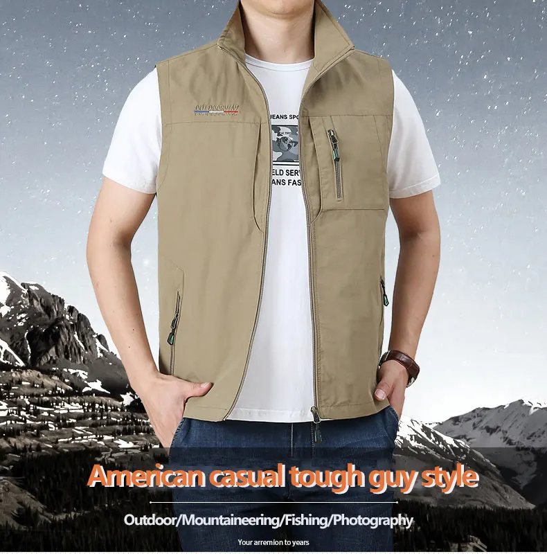 MAIDANGDI Men's Waistcoat Jackets Vest 2021 Summer New Solid Color Stand Collar Climbing Hiking Work Sleeveless With Pocket