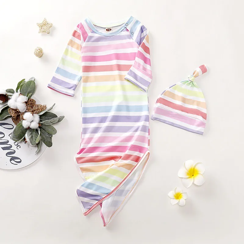 Новорожденный ребенок мягкий Красочный Полосатый печати одеяла Пеленание младенца спальный мешок и шапка набор
