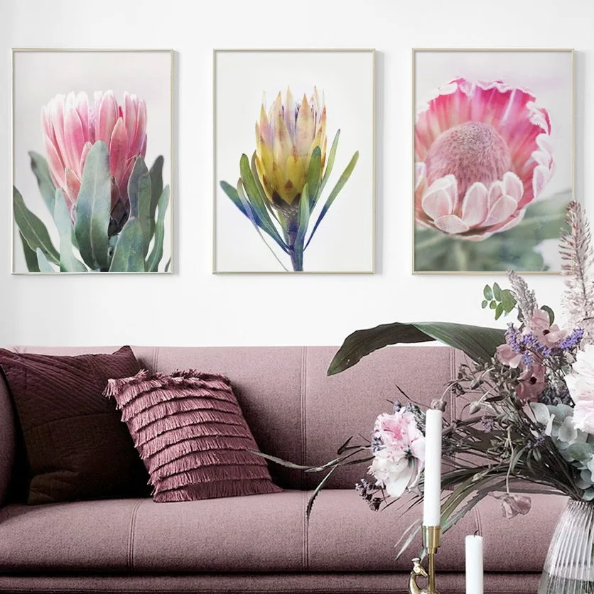 Картина на холсте с изображением цветка протеи розового цвета скандинавские