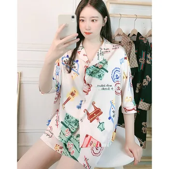 

Korean Style Pajamas Female Summer Insta-Famous Silk Printing Short Sleeve Shorts Home Service Lounge Negligee Two-Piece Suit
