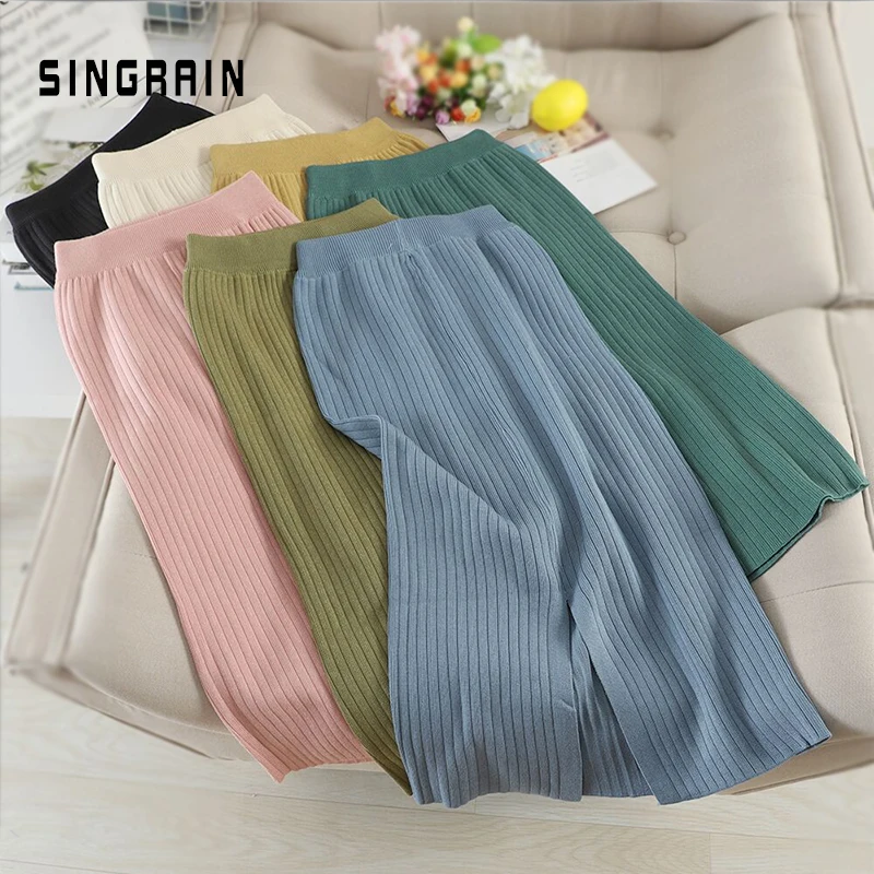

SINGRAIN Women Knitted Long Skirts Elastic Waist Split Stripe Sweater Skirt Solid Muticolors Streetwear Knit Midi Pencil Skirts