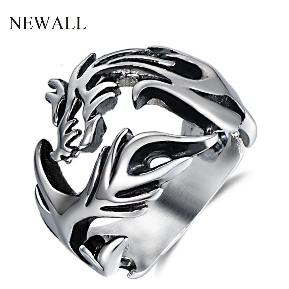 Silver Newall titanium steel men's dragon ring punk fashion index finger ring fashion retro men's jewelry Silver Hollow dragon ring - Цвет основного камня: Silver