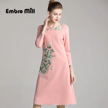 

Autumn Retro Dress Chinese Style Embroidery Small Flower O-Neck Cotton A-line Dress plus size M-4XL