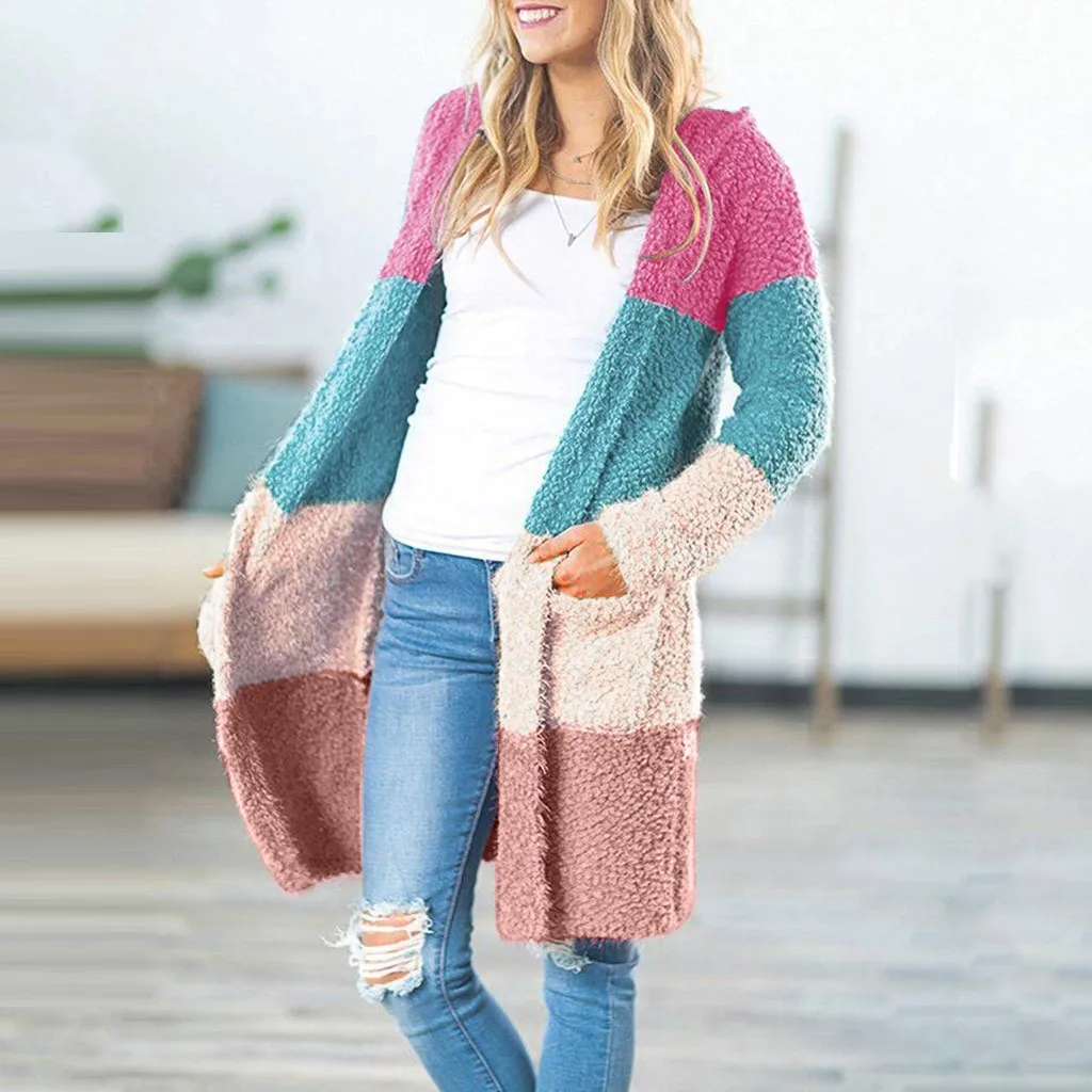 Jaycosin Fashion Autmn Winter Women Casual Splice Knitted Cardigan Sweater Long Sleeve Comfortable Soft Leisure Pullover 21#4
