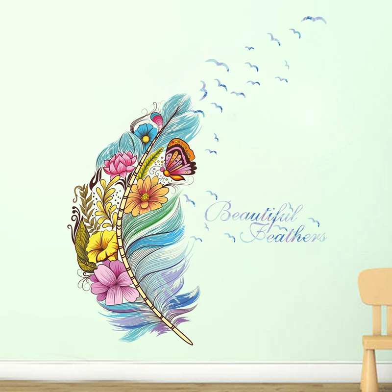 Beautiful Feather Flower Butterfly Wall Stickers For Home Decorations Bedroom PVC Self Adhesive Art Waterproof India Wallpaper