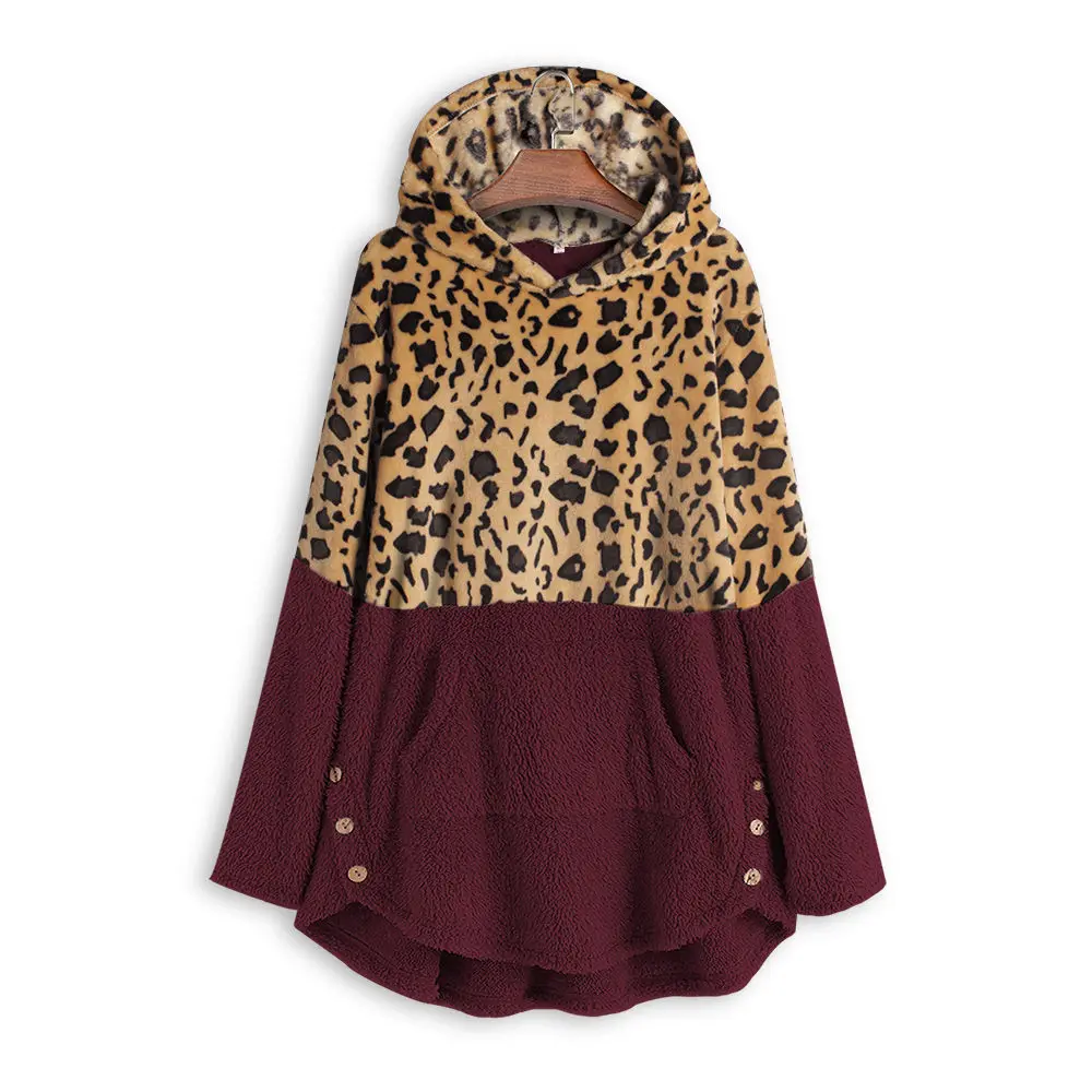 Женский свитер с капюшоном и леопардовым принтом, флисовый пуловер размера плюс 5XL, Свободный теплый свитер