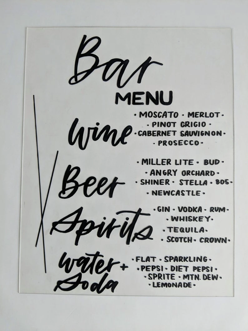 Bar Menu Sign Wedding Wedding Bar Menu Acrylic Bar Menu Sign