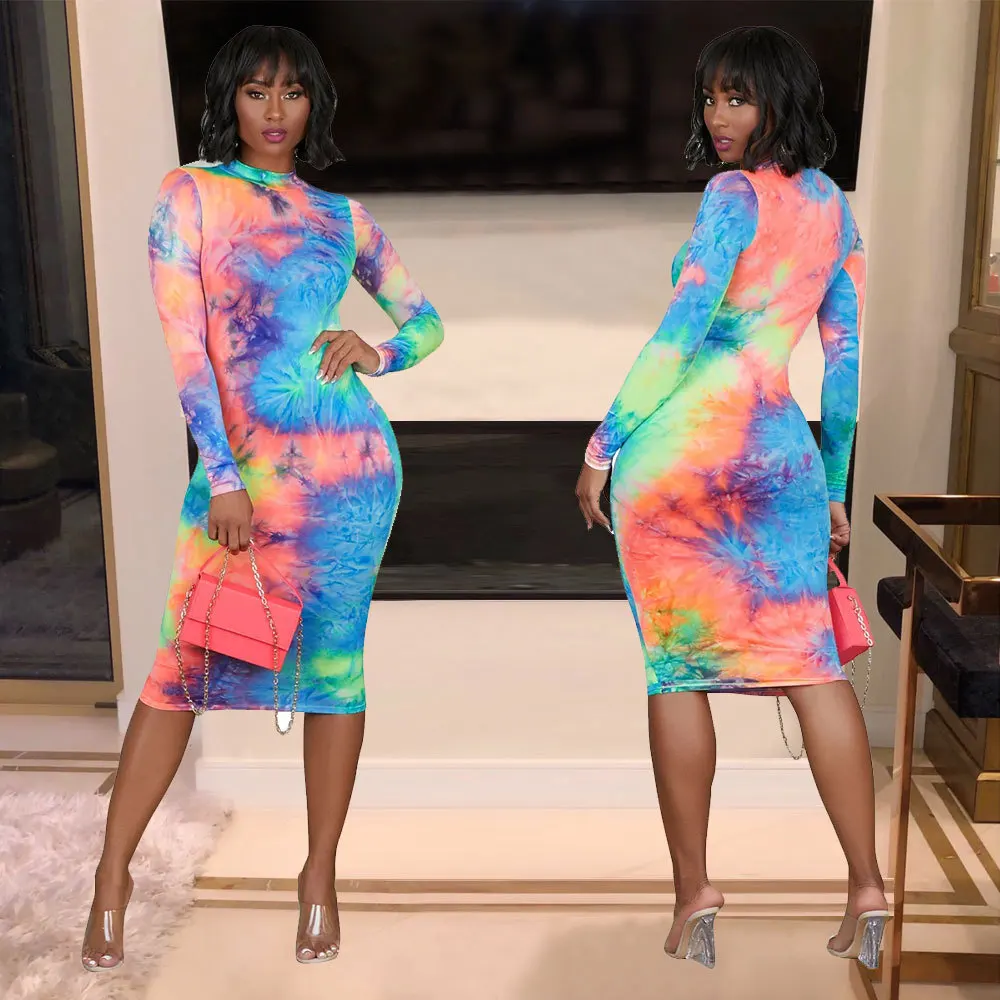 2020 tie dye print long sleeve ruched bodycon sexy midi dress autumn winter women fashion party elegant sundress