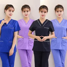 Mulheres esfrega conjunto novos uniformes médicos mock envoltório enfermeira uniforme algodão spa uniformes médico workwear roupas tamanho plug calças médicas