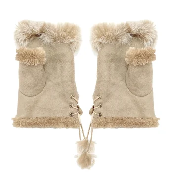 

Women Winter Screen Glove Faux Fur Fingerless Gloves Hand Wrist Warmer Fingerless Rope Gloves Lady Suede Warm Half Finger Glves