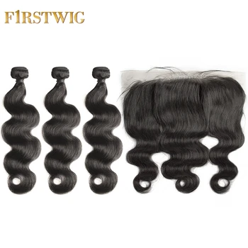 

Brazilian Human Hair 3 Bundles with Frontal Body Wave weave Natural hair with Extensions For Black Women Remy Hair FirstWig