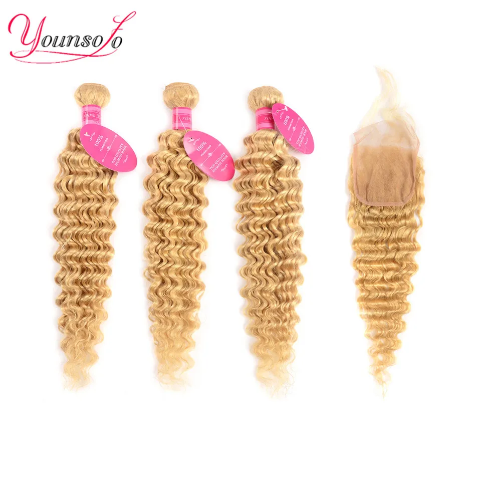

Younsolo 613 Bundles With Closure Brazilian Deep Wave Human Hair Blonde Bundles With Closure Lace Frontal With Bundles Remy Hair
