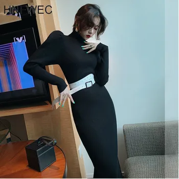 

2020 New Spring Solid Color Turtleneck Puff Sleeve Knit Dress Women Vintage Loose Temperament Slim Wild Dress Tide V395