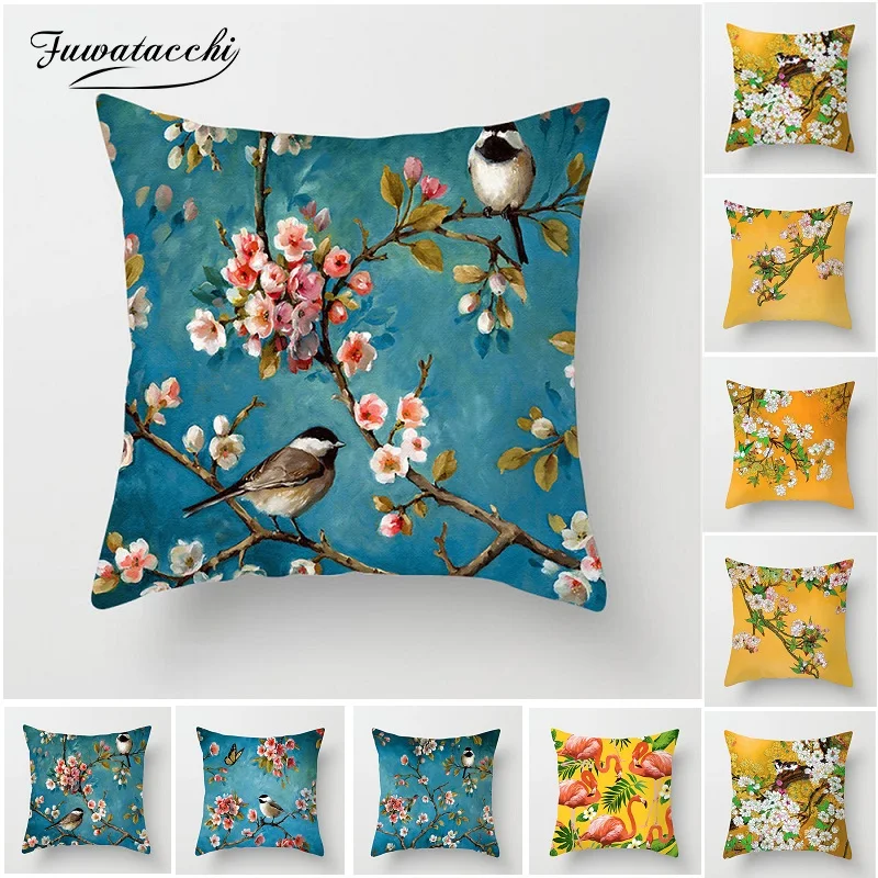 cheap Fuwatacchi Plum Blossom Cushion Covers Flamingo Birds Cherry Pillow Cover for Home Chair Sofa Decoration Yellow Pillowcases
