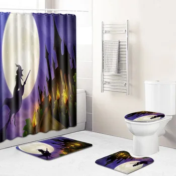 

Halloween Print Shower Curtain 4 Piece Carpet Cover Toilet Cover Bath Mat Pad Set Bathroom Curtain 12 Hooks